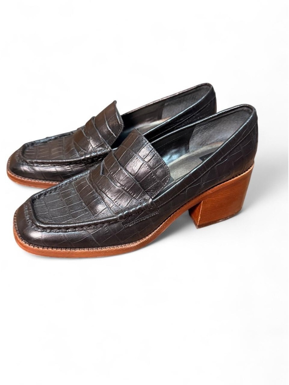 Dolce Vita Hoven Croc Embossed Leather Penny Loafers Size 10 Black Block Heel
